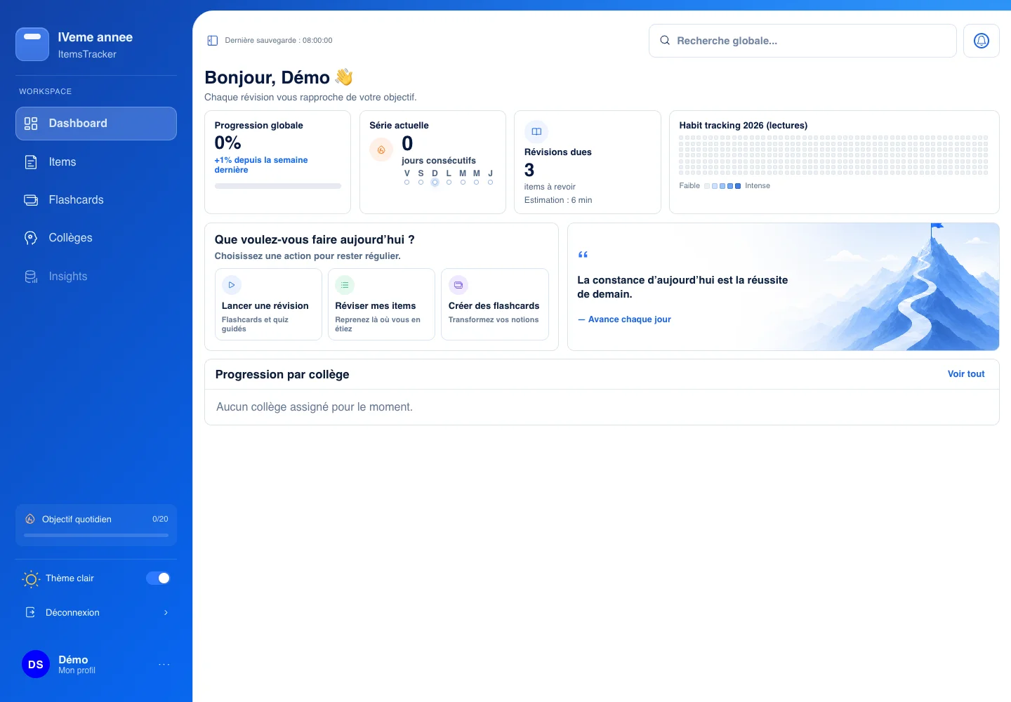 ItemsTracker dashboard showing study progress and revision activity with demonstration data