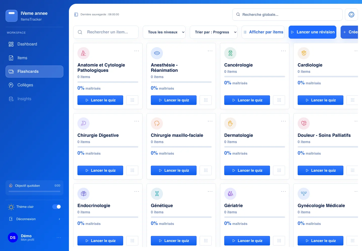 ItemsTracker flashcard workspace for organizing personal revision cards