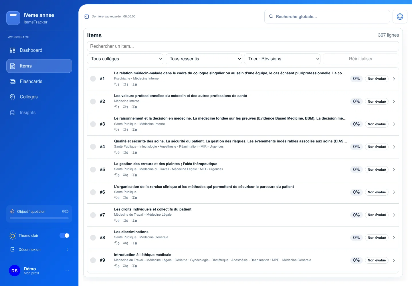 ItemsTracker study item list with progress, college filters and revision actions